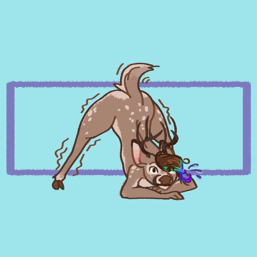 anthro antlers ass_up blue_background bodily_fluids brown_antlers brown_body brown_fur brown_hair brown_hooves brown_nose cloven_hooves eye_through_hair eyebrow_through_hair eyebrows front_view fur hair hair_over_eye highlights_(coloring) hooves horn jack-o'_pose looking_at_viewer male male_anthro multicolored_highlights nude one_eye_obstructed pink_inner_ear pose scut_tail shaking_legs short_tail simple_background snout solo sweat sweatdrop tail tan_body tan_fur translucent translucent_hair unguligrade dyyrlysh kristoffer_everglade deer mammal new_world_deer white-tailed_deer 1:1 2021 digital_drawing_(artwork) digital_media_(artwork) flat_colors full-length_portrait hi_res krita_(artwork) portrait