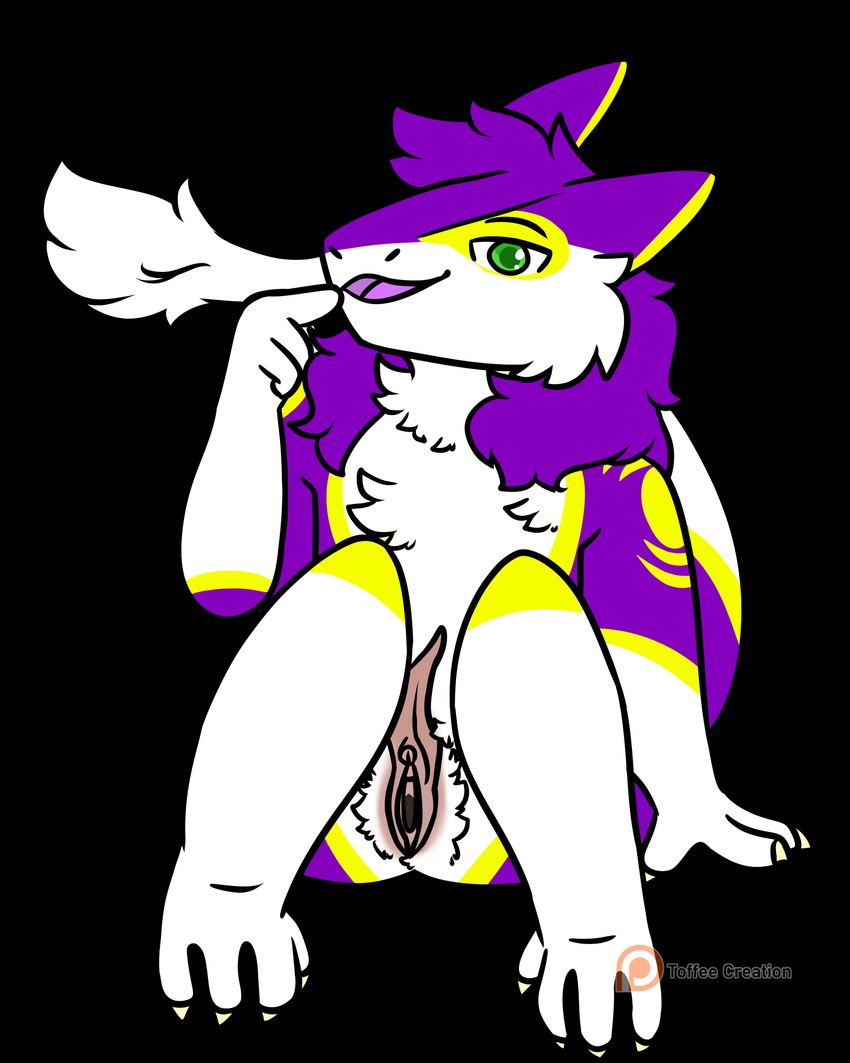 anthro claws clitoral_hood female fur genitals gesture hair hand_gesture legs_together looking_at_viewer markings patreon_logo pointing pointing_at_self prehensile_clitoral_hood presenting purple_body purple_fur purple_hair pussy simple_background sitting solo tail tail_tuft transparent_background tuft white_body white_fur yellow_markings toffee_creation patreon mauve_(mauvedash) sergal 4:5 absurd_res alpha_channel digital_media_(artwork) hi_res