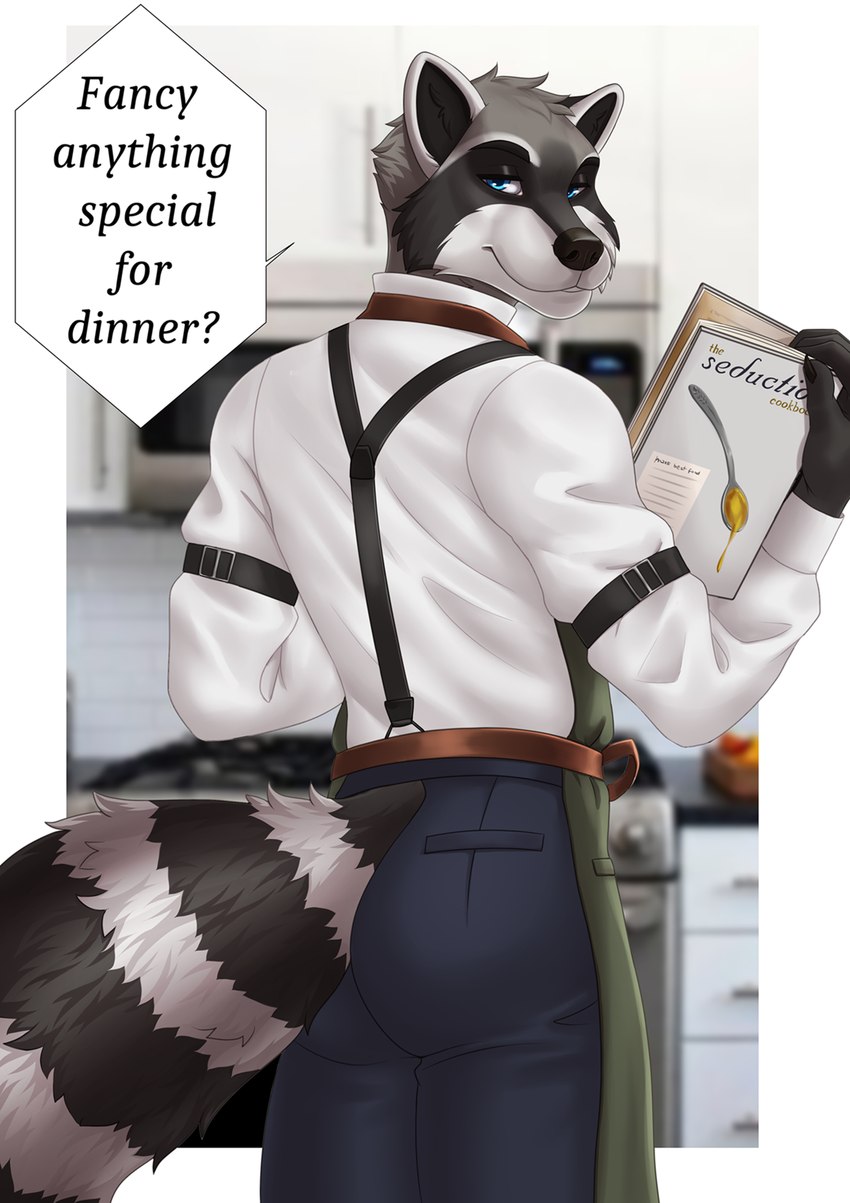 accessory anthro apron arm_garter blue_eyes bottomwear clothing cooking garter kitchen looking_at_viewer looking_back magazine male pants rear_view solo speech_bubble suggestive_dialogue suspenders text sajophoe azban mammal procyonid raccoon english_text hi_res