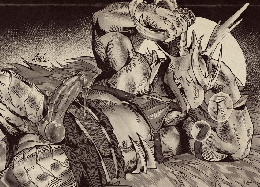 balls barazoku biceps bodily_fluids erection eyes_closed genital_fluids genitals knot male muscular muscular_male precum solo wet ama_dench_art nintendo pokemon generation_1_pokemon nidoking pokemon_(species) scalie monochrome