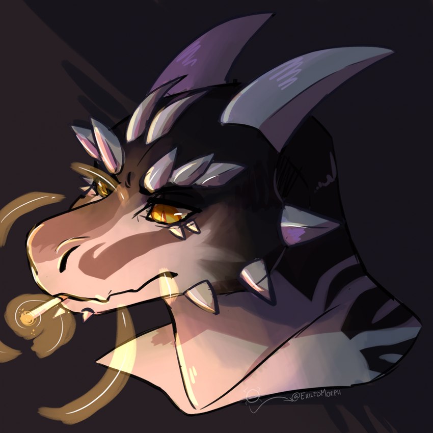 anthro cigarette cigarette_in_mouth cyberpunk male multicolored_body object_in_mouth orange_eyes smoking solo two_tone_body exiledmorph microsoft the_elder_scrolls scales-like-ash argonian lizard reptile scalie 1:1 headshot_portrait hi_res portrait