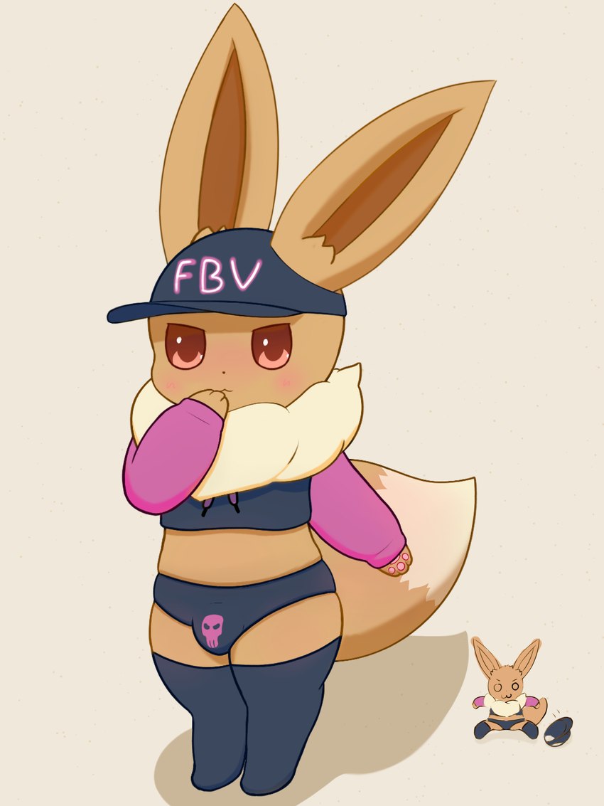 blush bulge clothing feral hat headgear headwear looking_at_viewer male solo topwear underwear bmq fbi meme_clothing nintendo paggi_outfit pokemon fbi_eevee eevee generation_1_pokemon pokemon_(species) 3:4 hi_res meme