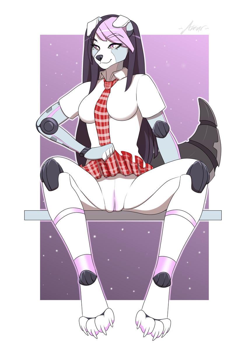 4_toes 5_fingers anthro black_hair black_nose bottomwear breasts clothed clothing clothing_lift cybernetics eyebrows eyelashes feet female fingers genitals hair machine miniskirt no_underwear pink_eyes pussy school_uniform sitting skirt skirt_lift smile solo toes uniform amur annie_(pup-hime) android canid canine canis cyborg domestic_dog mammal robot 2020 absurd_res digital_media_(artwork) hi_res