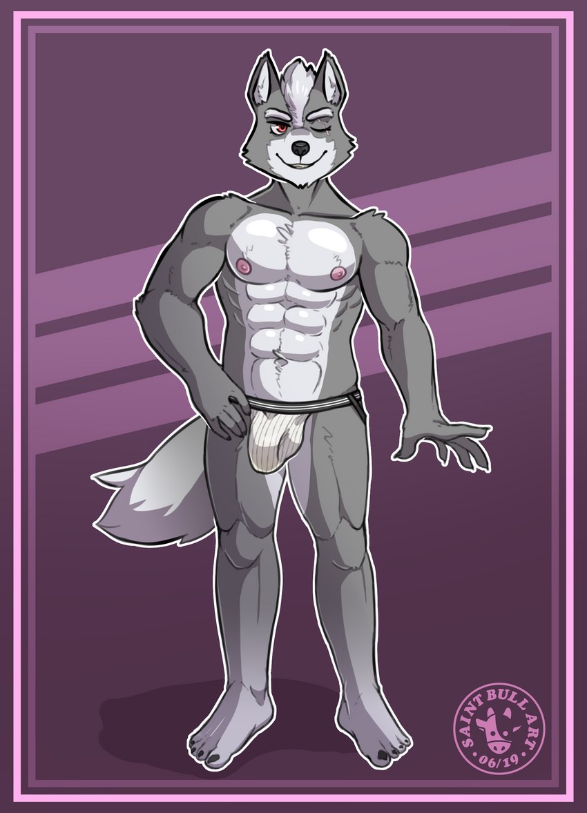 4_toes 5_fingers abs anthro athletic athletic_male belly black_nose black_seam_underwear bulge claws clothed clothing colored_seam_underwear eye_scar eyebrows facial_scar feet fingers fluffy fluffy_tail front_view fur grey_body grey_fur hair humanoid_feet jockstrap jockstrap_only looking_at_viewer male muscular navel nipples one_eye_closed outline pecs plantigrade pose quads red_eyes scar simple_background smile solo standing tail toes topless underwear underwear_only white_belly white_clothing white_eyebrows white_hair white_jockstrap white_outline white_underwear wink saintbullart nintendo star_fox wolf_o'donnell canid canine canis mammal wolf 2019 absurd_res alternate_version_at_source artist_name digital_media_(artwork) hi_res pinup watermark