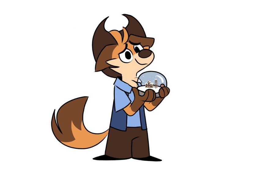 anthro brown_body brown_fur clothed clothing cowboy_hat fur hat headgear headwear male orange_body orange_fur presenting simple_background smile snow_globe solo piemations sheriff_hayseed todd_hayseed canid canine fox mammal 2020