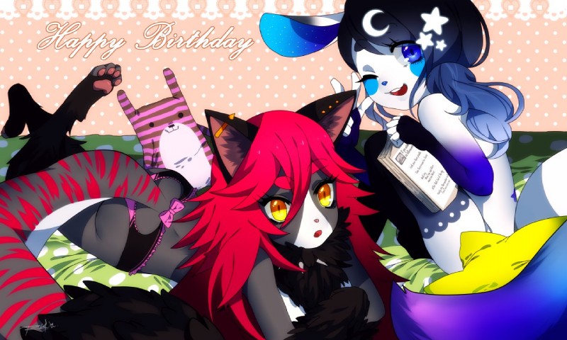 anthro clothed clothing duo female lingerie lying on_front one_eye_closed open_mouth panties sitting teeth text tongue underwear rekuuhh felid lagomorph leporid mammal rabbit 5:3 english_text