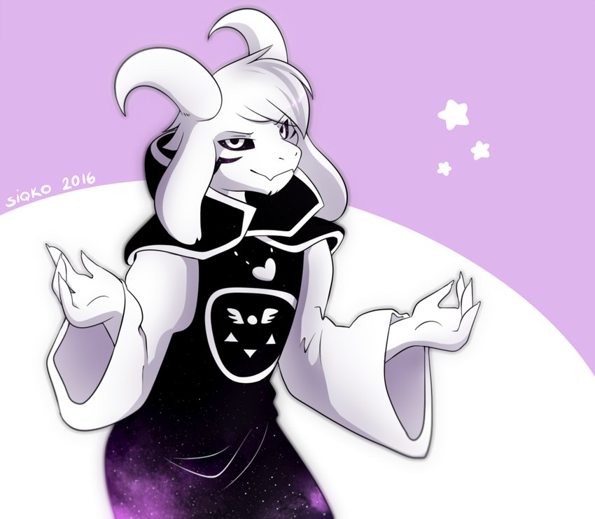 anthro clothing emblem gesture horn lidded_eyes looking_at_viewer male purple_background seductive shrug simple_background smile solo star triangle_(shape) white_background siqko undertale undertale_(series) asriel_dreemurr_(god_form) boss_monster_(undertale) bovid caprine goat mammal 2017 hi_res