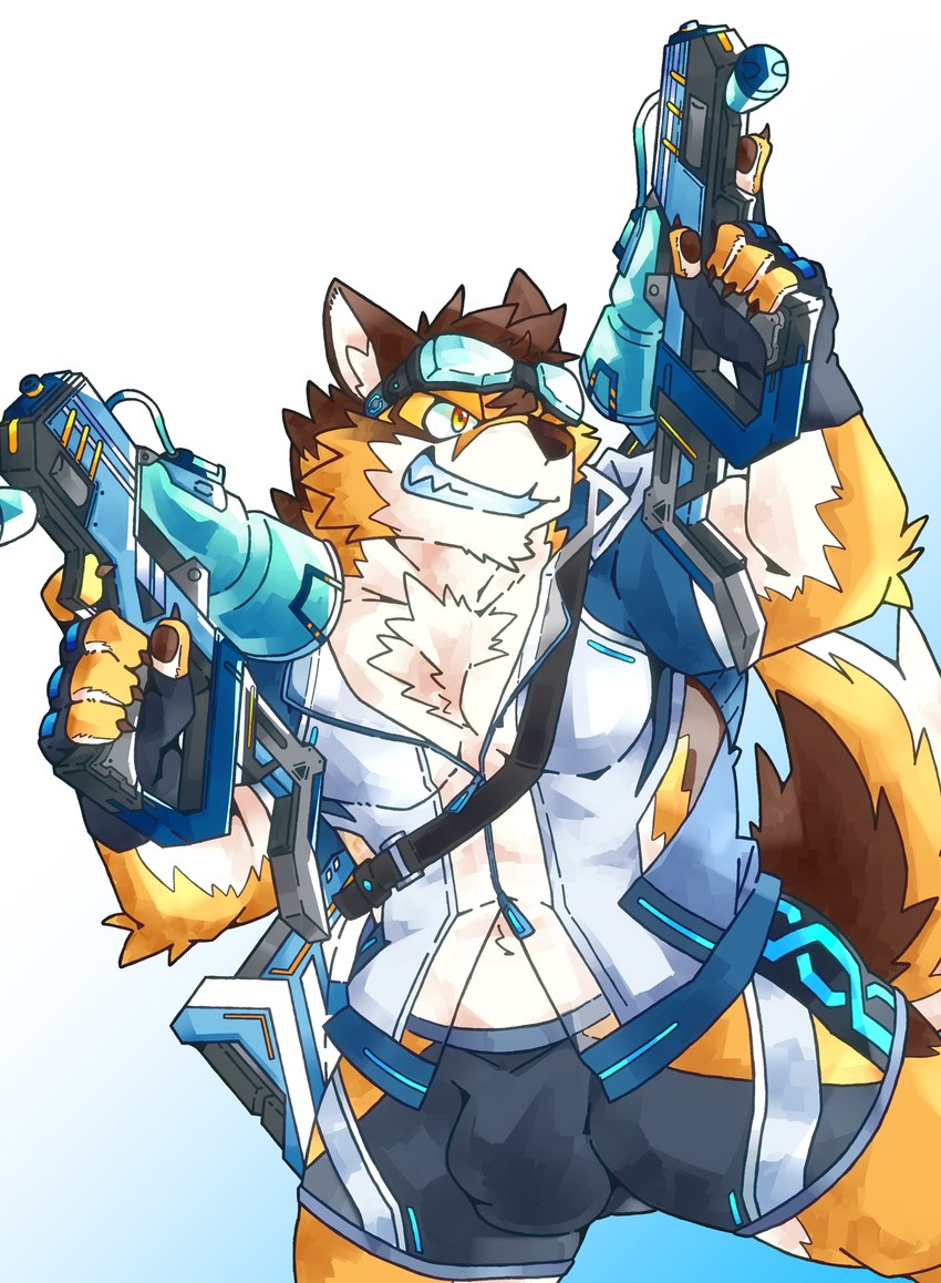 abs anthro bulge clothing countershading eyewear fingerless_gloves gloves goggles grin handwear hip_window male muscular muscular_anthro muscular_male pecs smile solo toy toy_gun water_gun ottyo_kope lifewonders live_a_hero barrel_(live_a_hero) canid canine canis mammal wolf hi_res