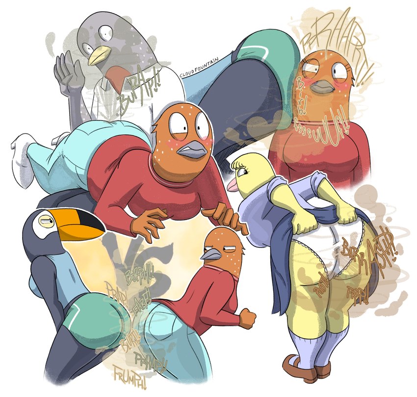 anthro beak bottomwear breasts butt butt_battle clothed clothing denim denim_bottomwear denim_clothing fart fart_cloud fart_fetish female footwear hotpants jeans male non-mammal_breasts panties pants shorts tailless underwear upskirt cloudfountain netflix tuca_and_bertie bertie_(tuca_and_bertie) dakota_(tuca_and_bertie) speckle_(tuca_and_bertie) tuca_(tuca_and_bertie) avian bird ramphastos toco_toucan toucan hi_res