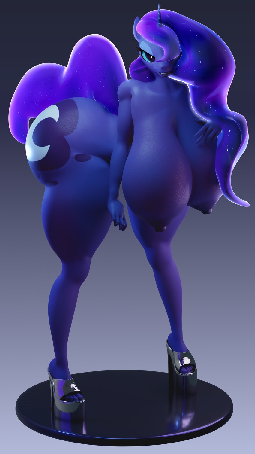 anthro anthrofied big_breasts biped blue_body blue_eyes blue_hair breasts bubble_butt butt clothing ethereal_hair female footwear hair high_heels horn huge_breasts nipples nude platform_footwear platform_heels shoes solo lunar57 friendship_is_magic hasbro my_little_pony mythology princess_luna_(mlp) equid equine mammal mythological_creature mythological_equine unicorn 3d_(artwork) 4k 9:16 absurd_res digital_media_(artwork) hi_res