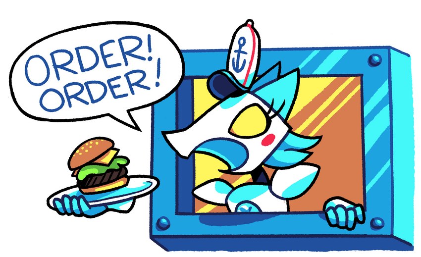 anthro burger cheese dairy_products dialogue female food humor krabby_patty lettuce machine meat plant pun serving_food solo speech_bubble text toony vegetable visual_pun thatguynamedjoe deltarune nickelodeon spongebob_squarepants undertale_(series) tasque_manager android darkner felid feline mammal robot 2021 adobe_photoshop_(artwork) digital_media_(artwork) english_text hi_res