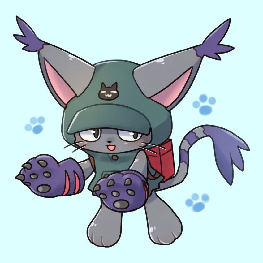 anthro backpack black_body black_fur blush claws clothing fur gloves handwear hoodie pawpads solo topwear uni_hkdm_gsg bandai_namco digimon digimon_ghost_game blackgatomon_uver. digimon_(species) domestic_cat felid feline felis mammal 1:1