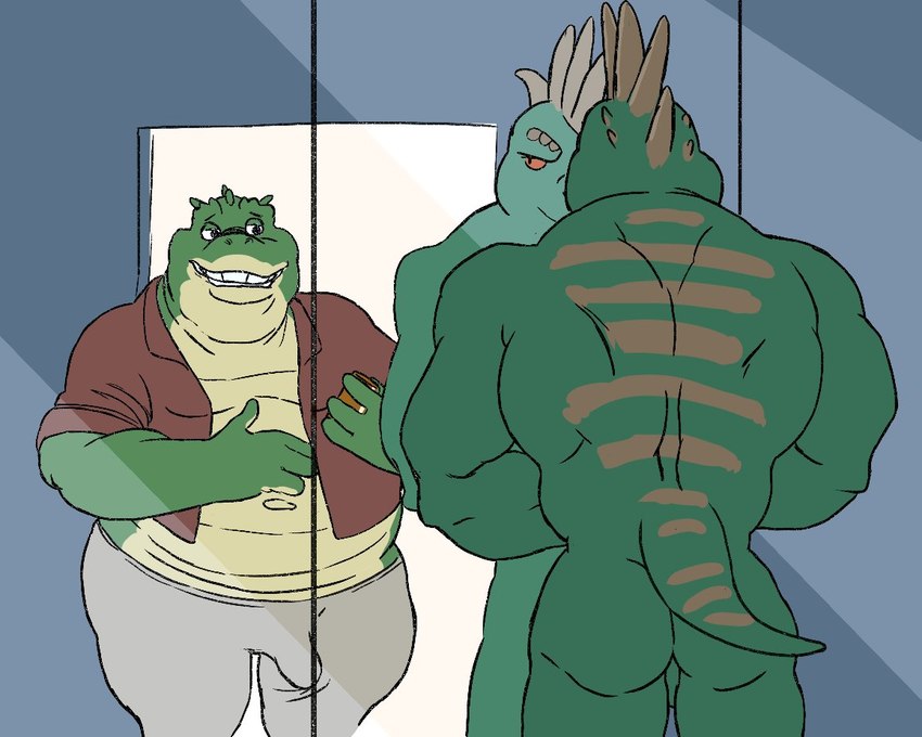 anthro belly bulge clothing detailed_bulge duo genital_outline green_body green_scales male male/male nude overweight overweight_male penis_outline scales smile smirk birdy dinosaurs_(series) earl_sinclair robbie_sinclair scalie father_(lore) father_and_child_(lore) father_and_son_(lore) incest_(lore) parent_(lore) parent_and_child_(lore) parent_and_son_(lore) son_(lore)