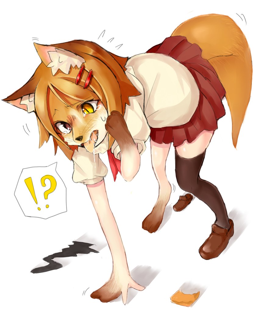 aburaage anthro bottomwear clothed clothing female food hand_on_face legwear open_mouth paws school_uniform simple_background skirt solo thigh_highs tofu_(food) tongue tongue_out transformation uniform white_background yellow_eyes airotf canid canine fox mammal 2014