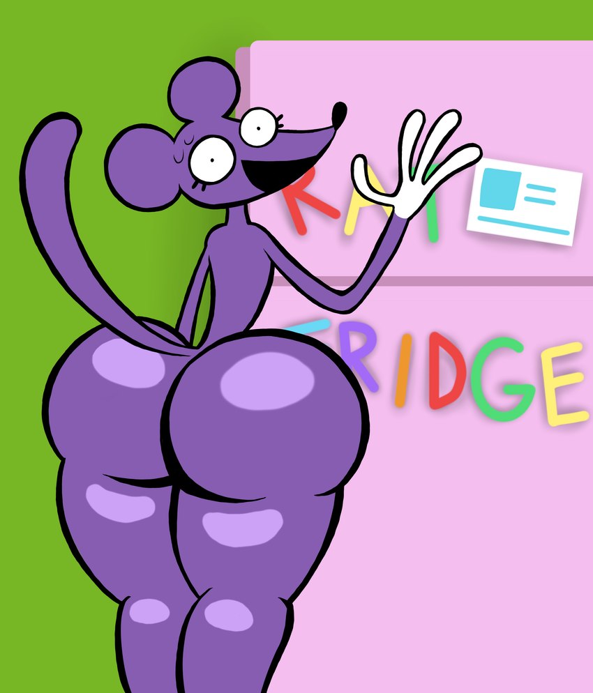 anthro appliance big_butt butt cartoon_eyes eyelashes femboy fridge green_background green_wall huge_butt inside kitchen_appliance long_fingers male purple_body simple_background solo thick_thighs toony white_hands orangedo69 rat_snacks simon_(rat_snacks) mammal mouse murid murine rodent absurd_res hi_res