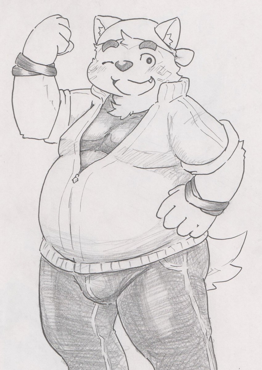 anthro belly blush bulge eyebrows flexing flexing_bicep kerchief male one_eye_closed overweight overweight_male solo thick_eyebrows wink tabasukotrr lifewonders live_a_hero mokdai canid canine canis domestic_dog mammal hi_res traditional_media_(artwork)