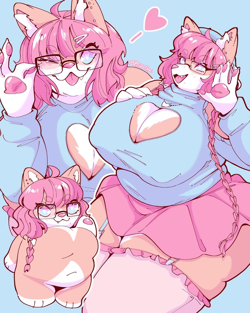 4_fingers anthro belly big_breasts bottomwear breasts cleavage_cutout clothing cutout ear_piercing eyelashes eyewear fangs female fingers fur glasses hair heart_cutout heart_eyes heart_symbol inner_ear_fluff looking_at_viewer navel nipple_outline open_mouth open_smile pawpads piercing pink_hair pink_nose simple_background skirt slightly_chubby slightly_chubby_anthro slightly_chubby_female smile solo tan_body tan_fur teeth tongue tongue_out tuft suda canid canine canis domestic_dog mammal 2024 hi_res