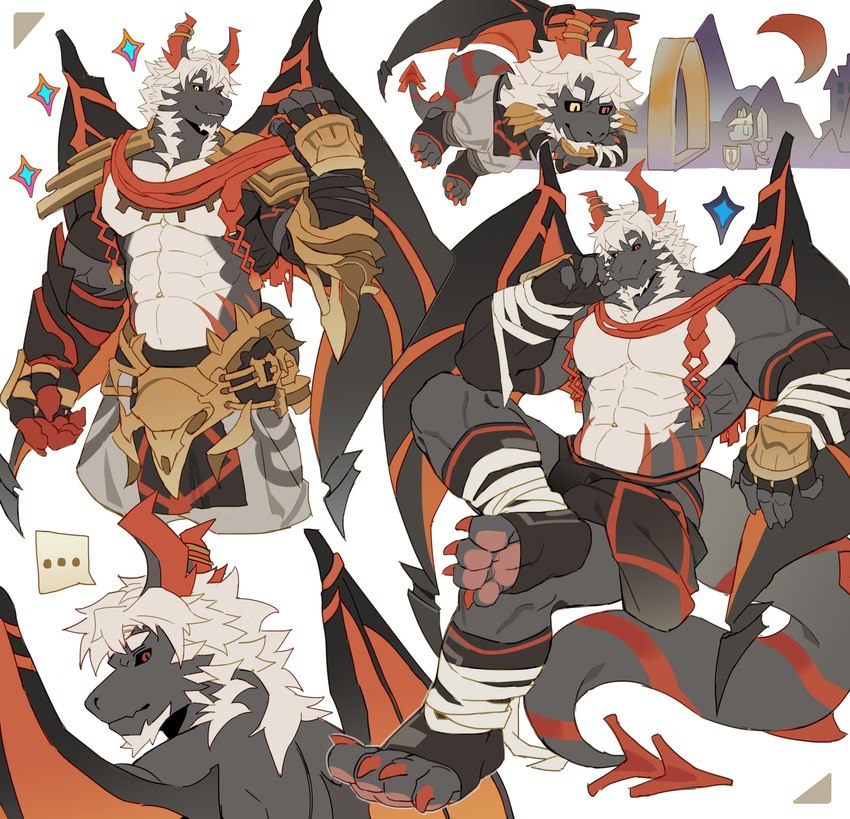 4_toes anthro armor black_body black_sclera feet grin hair horn male muscular muscular_anthro muscular_male navel red_eyes simple_background smile solo tail teeth toes white_background white_body white_hair yellow_eyes kitai_su mythology dragon mythological_creature mythological_scalie scalie 2023 absurd_res digital_media_(artwork) hi_res