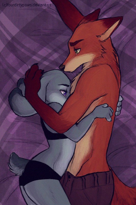 4_fingers anthro bed bra clothed clothing duo female fingers fur furniture green_eyes hug lying male on_side panties purple_eyes topless underwear samaella spintherella disney zootopia judy_hopps nick_wilde canid canine fox lagomorph leporid mammal rabbit red_fox true_fox 2016 2:3 hi_res