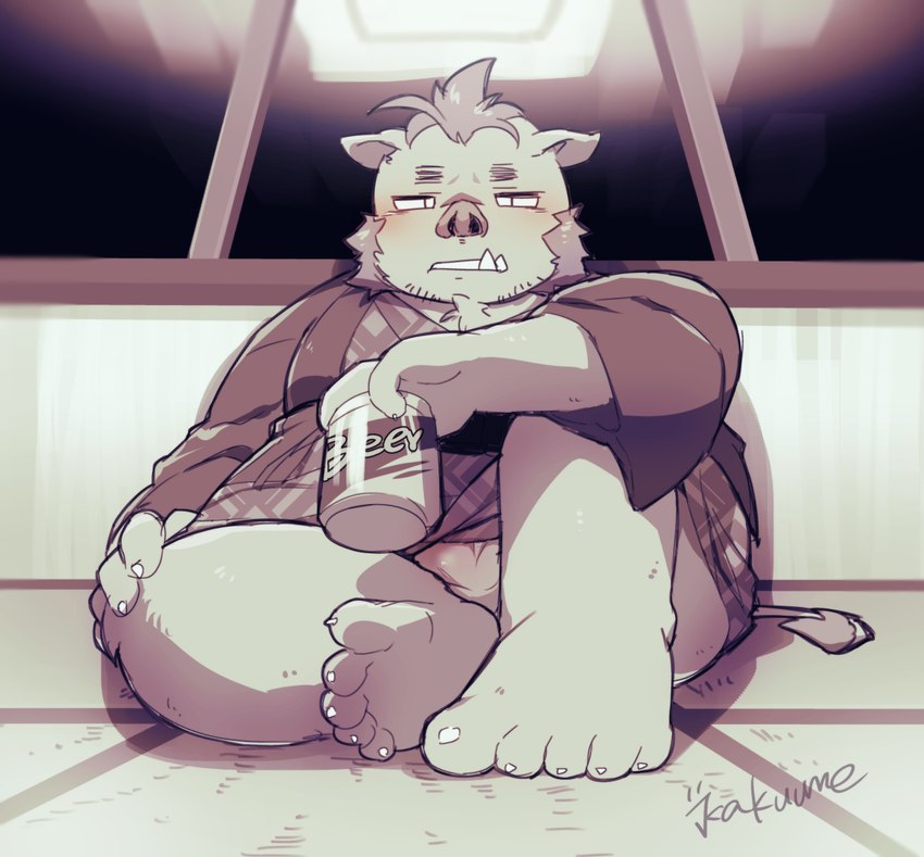 alcohol anthro asian_clothing beer beverage blush bulge can clothing container detailed_background east_asian_clothing feet humanoid_feet inside japanese_clothing kemono male overweight overweight_male plantigrade sitting solo underwear umekemo42 lifewonders tokyo_afterschool_summoners ganglie_(tas) mammal suid suina sus_(pig) wild_boar 2022 hi_res