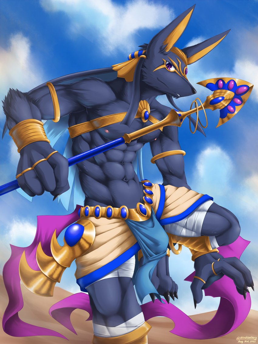 anthro black_body black_fur bottomwear bracelet bulge claws clothing cloud desert eyeliner fur jewelry loincloth looking_at_viewer makeup male muscular muscular_anthro muscular_male nipples outside red_eyes ribbons ring solo staff wrappings akino-kamihara egyptian_mythology middle_eastern_mythology mythology anubis anubian_jackal canid canine canis deity jackal mammal 3:4 absurd_res hi_res