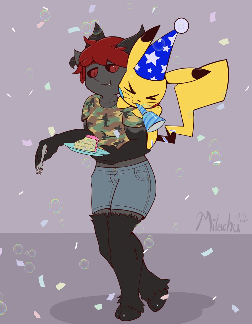 anthro birthday_cake black_horn black_sclera bubble cake claws clothing confetti dessert duo feral food hair hat headgear headwear hooves horn party_hat party_horn red_eyes red_hair simple_background whiskers milachu92 nintendo pokemon beeb krexah_akrando demon generation_1_pokemon pikachu pokemon_(species) hi_res