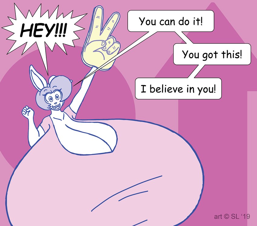 anthro big_breasts breasts clothing copyright_symbol female foam_hand hair huge_breasts hyper hyper_breasts open_mouth shirt solo speech_bubble symbol text topwear satsumalord bonnie_(satsumalord) lagomorph leporid mammal rabbit 2019 digital_media_(artwork) english_text sketch