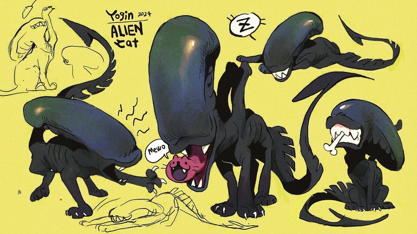 female feral inner_mouth multiple_poses pose sharp_teeth sleeping solo sound_effects teeth vowelless vowelless_sound_effect zzz yogin alien_(franchise) alien domestic_cat felid feline felis hybrid mammal xenomorph