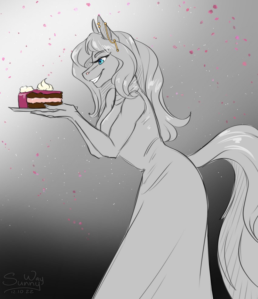 anthro birthday birthday_cake cake cake_slice clothed clothing dessert dress ear_piercing ear_ring female food happy happy_birthday party piercing ring_piercing smile solo sunny_way friendship_is_magic hasbro my_little_pony patreon earth_pony equid equine horse mammal pony digital_media_(artwork) hi_res