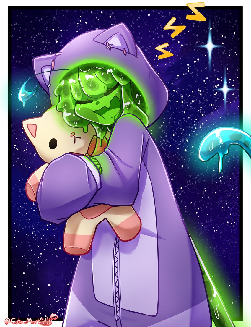 ahoge cat_costume cat_plushie clothed clothing costume eyes_closed female glistening glistening_body green_body hair hug open_mouth pajamas plushie purple_clothing solo space star tail teddy_bear morbidlycutecrunch addy_(morbidlycutecrunch) goo_creature goo_humanoid humanoid absurd_res hi_res