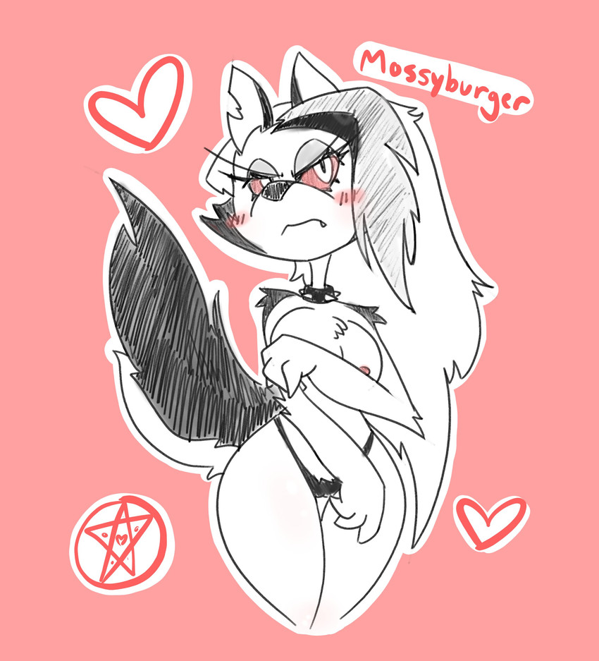 anthro blush breasts clothing collar eyelashes female fur grey_body grey_fur grey_hair hair heart_symbol nipples panties pink_background red_sclera simple_background solo underwear white_body white_fur mossyartburger helluva_boss mythology loona_(helluva_boss) canid canid_demon canine demon hellhound mammal mythological_canine mythological_creature absurd_res hi_res