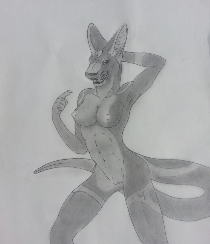 anthro beckoning breasts female genitals gesture nipples nude pussy raised_arm solo chevronfox nicky_(artist) krii absurd_res greyscale hi_res monochrome traditional_media_(artwork)