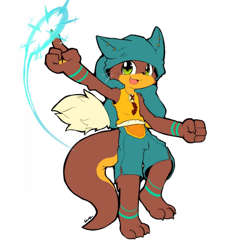 action_pose anthro bottomwear clothing cute_fangs fangs fist front_view gesture hand_gesture magic male open_mouth pointing pose shorts simple_background solo teeth whiteleo ankama wakfu yugo_(wakfu) zake demigod eliatrope hybrid mammal mustelid otter digital_media_(artwork) flat_colors hi_res signature