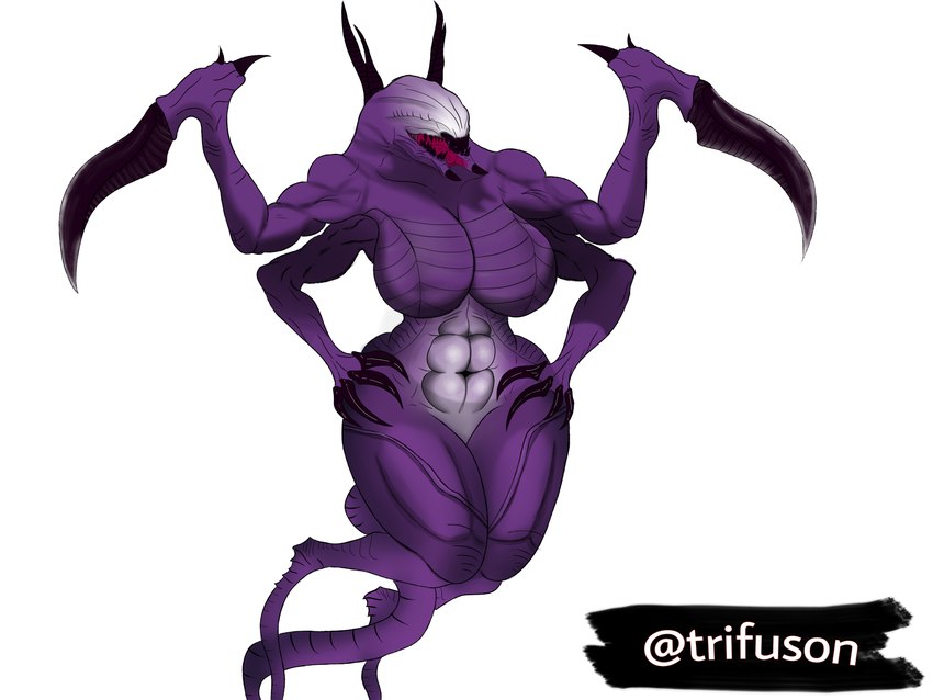 4_arms abs big_breasts blade_arm breasts claws eyeless featureless_breasts featureless_crotch female hand_on_hip huge_breasts mantis_arms multi_arm multi_limb muscular muscular_female navel purple_body sharp_teeth simple_background solo split_jaw teeth thick_thighs white_background white_body wide_hips trifuson 2k_games evolve_(copyright) wraith_(evolve) alien alien_humanoid humanoid 4:3 absurd_res hi_res