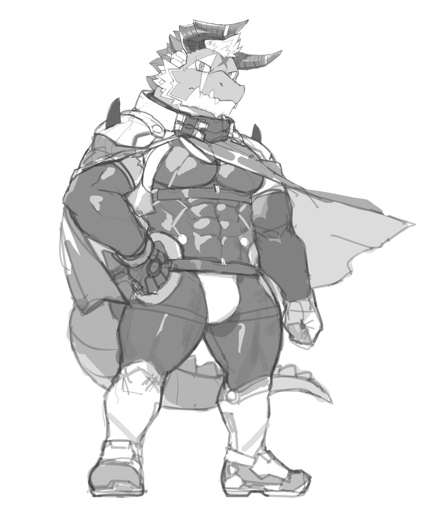 abs anthro bodysuit bulge cape clothing horn male muscular muscular_anthro muscular_male pecs skinsuit solo supervillain tail tight_clothing rpbbw lifewonders live_a_hero mythology giansar dragon mythological_creature mythological_scalie scalie hi_res line_art monochrome