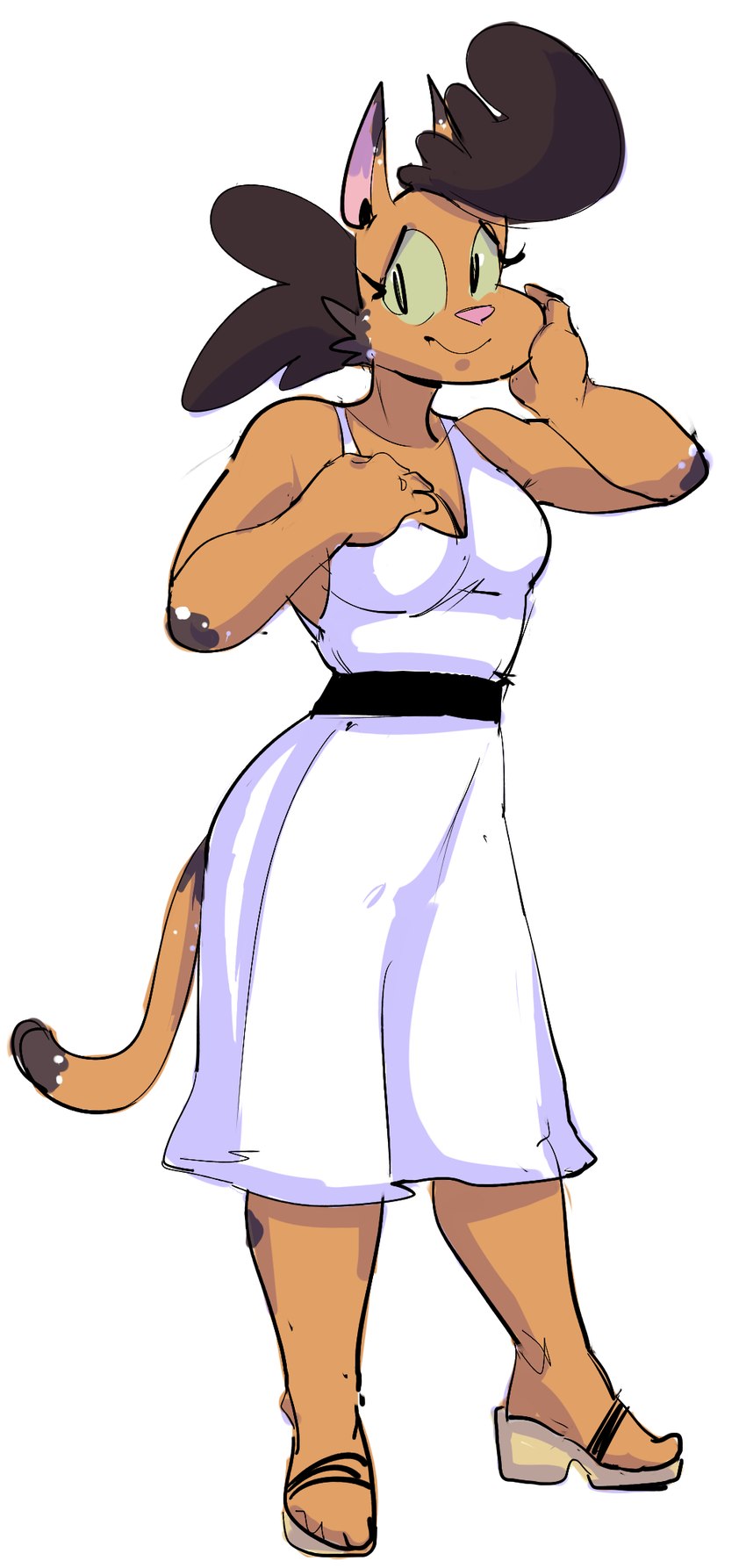 anthro breasts cleavage clothed clothing dress female footwear green_sclera mottled piebald sandals shoes simple_background solo white_background white_clothing white_dress dbaru mighty_magiswords calika calico_cat domestic_cat felid feline felis mammal 2020 hi_res