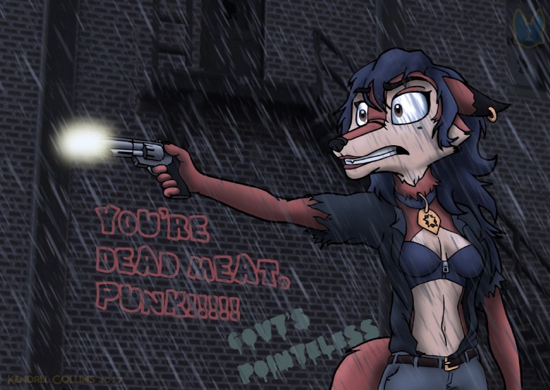 5_fingers alley anthro athletic athletic_anthro athletic_female blue_hair brown_eyes clothing collar ear_piercing female fingers front_view fur graffiti gun hair handgun holding_gun holding_handgun holding_object holding_ranged_weapon holding_revolver holding_weapon orange_body orange_fur piercing police police_officer raining ranged_weapon revolver snout solo text torn_clothing weapon wet wishbone_mouth kendall_collins sly_cooper_(series) sony_corporation sony_interactive_entertainment sucker_punch_productions carmelita_fox canid canine fox mammal 2017