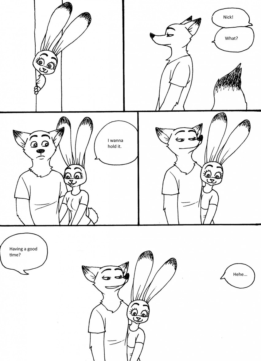 anthro anthro_on_anthro breasts clothed clothing dialogue duo female fur male male/female shirt smile speech_bubble t-shirt text topwear bernielover bernielover's_college_au disney zootopia judy_hopps nick_wilde canid canine fox lagomorph leporid mammal rabbit red_fox true_fox 2023 comic english_text hi_res monochrome