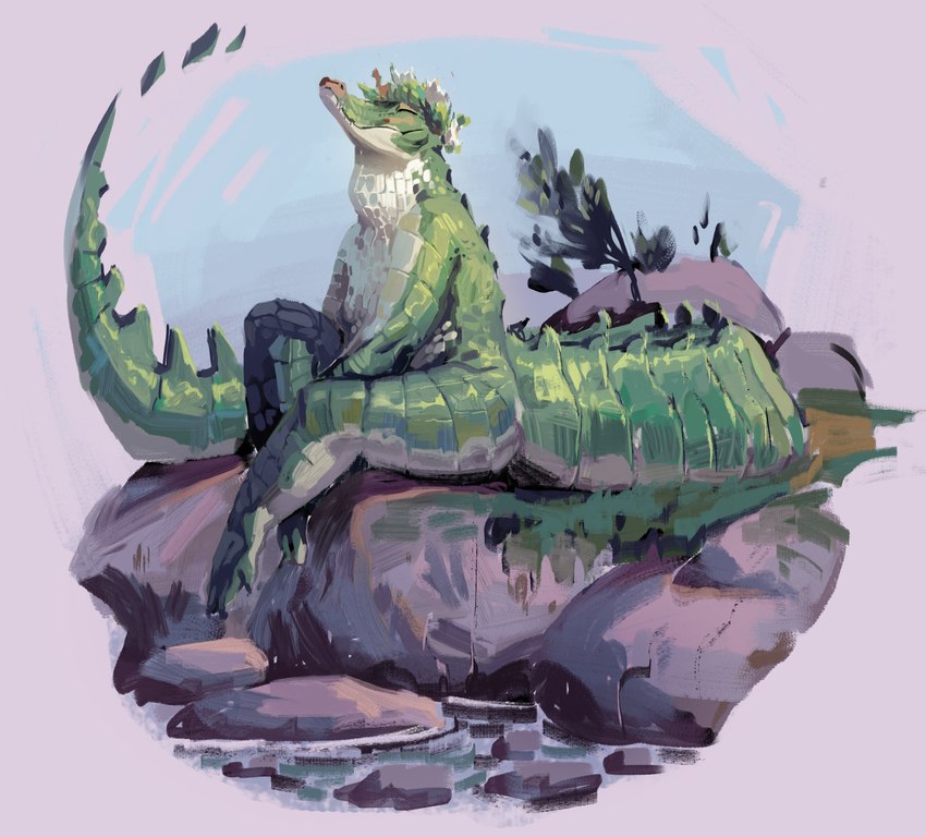 anthro belly big_tail blush day detailed_background eyes_closed female female_anthro flower flower_crown grass green_body green_skin green_tail light looking_up outside plant rock scales sitting sky smile solo sunlight tail thick_tail tree waterside white_belly rambrandt-the-painter crocodile crocodilian reptile scalie digital_media_(artwork) hi_res