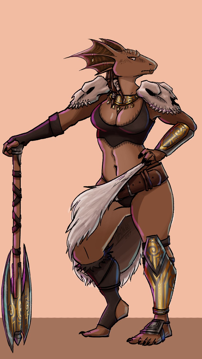 animal_skin anthro armor axe barbarian belt bone breasts bronze_body bronze_scales brown_body claws clothed clothing double_bitted_axe female fin fully_clothed gauntlets gloves greataxe handwear jewelry melee_weapon midriff muscular muscular_anthro muscular_female navel necklace pauldron scales skull solo thick_thighs toe_claws tribal weapon thisdingo dungeons_and_dragons hasbro mythology towergirls wizards_of_the_coast dragonborn_warrior dragon dragonborn_(dnd) mythological_creature mythological_scalie reptile scalie 9:16 hi_res