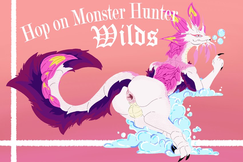 anthro anus balls butt femboy fur genitals looking_at_viewer looking_back lying male nude nude_anthro on_front presenting presenting_anus presenting_hindquarters scales simple_background smile solo tail text spiced_icy capcom monster_hunter leviathan_(mh) mizutsune 3:2 absurd_res digital_drawing_(artwork) digital_media_(artwork) hi_res krita_(artwork)