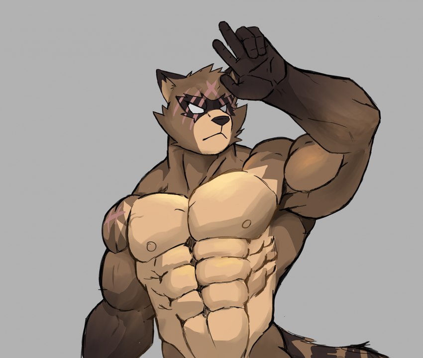 5_fingers abs anthro biceps brown_body brown_fur brown_nose cheek_tuft closed_frown empty_eyes eye_scar facial_markings facial_scar facial_tuft fingers frown fur fur_markings fur_tuft grey_background head_markings humanoid_hands male markings mask_(marking) mouth_closed multicolored_body multicolored_fur muscular muscular_anthro muscular_male nude_anthro nude_male pecs scar shoulder_scar simple_background solo tail tan_body tan_fur tuft kemarux epic_games fortnite hajime_(fortnite) canid canine mammal raccoon_dog tanuki hi_res