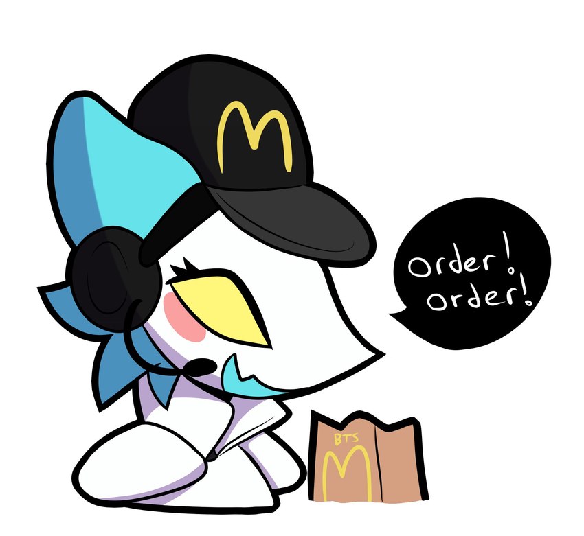 anthro blue_hair blush blush_stickers clothed clothing dialogue electronics female hair hat headgear headphones headwear machine paper_bag solo speech_bubble text yellow_eyes slumberdoq deltarune mcdonald's undertale_(series) tasque_manager android felid feline felis mammal robot english_text hi_res