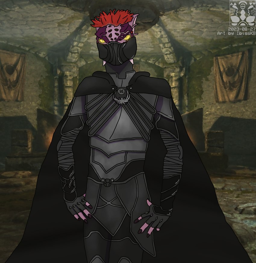 anthro arecibo_message armor black_clothing cape claws clothed clothing colored_nails ear_fins feather_hair feathers fin fingerless_gloves front_view fully_clothed gloves glowing glowing_eyes hair handwear highlights_(coloring) leather leather_armor logo male mask nails nightingale_armor pink_body pink_scales pseudo_hair purple_nails red_hair rogue scales slim solo thief wearing_mask ibisskb bethesda_game_studios microsoft skyrim the_elder_scrolls kiivah_(character) argonian scalie 2023 absurd_res artist_logo artist_name dated hi_res