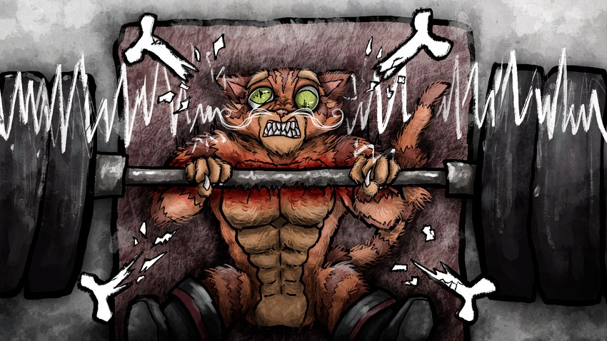 anthro boots breaking_bone clenched_teeth clothing death dumbbell dying exercise fatal fatal_wound footwear fur gore green_eyes male muscular muscular_male orange_body orange_fur shoes smashed solo squashed_body teeth weights deidad_dissitum dreamworks puss_in_boots_(dreamworks) puss_in_boots_(character) domestic_cat felid feline felis mammal tabby_cat 16:9 hi_res widescreen