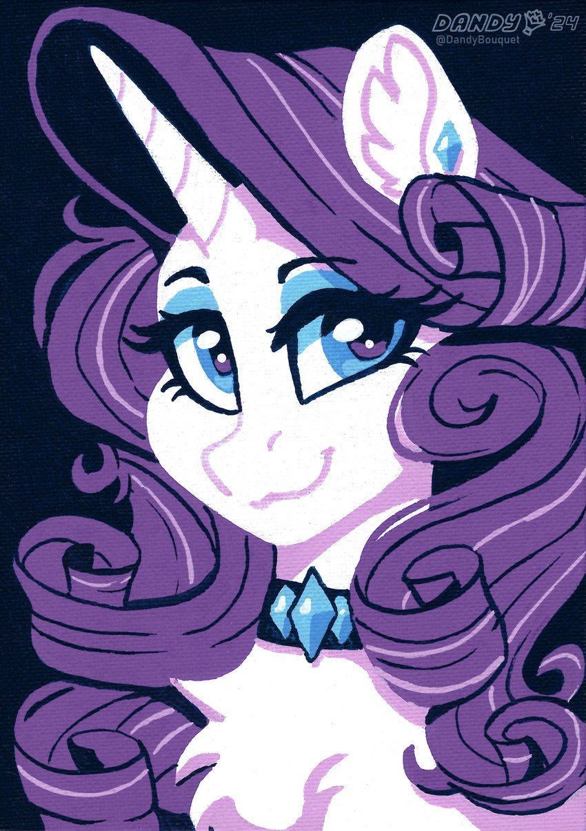 black_background black_eyeliner blue_eyes blue_eyeshadow choker ear_piercing eyeliner eyeshadow female feral hair horn jewelry looking_at_viewer makeup necklace piercing purple_hair simple_background smile solo dandy_(artist) friendship_is_magic hasbro my_little_pony mythology rarity_(mlp) equid equine mammal mythological_creature mythological_equine unicorn absurd_res hi_res portrait traditional_media_(artwork)