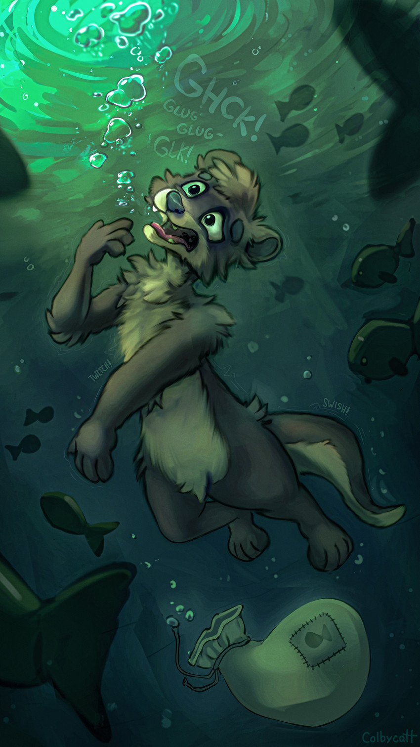 air_bubble ambiguous_gender anthro asphyxiation bad_end bag brown_body brown_fur countershade_face countershade_torso countershading cyanosis death drowning featureless_crotch feral freediving fur group head_tuft motion_lines nude_anthro onomatopoeia open_mouth peril sound_effects taking_in_water text tuft underwater water colbycat fish mammal marine mustelid otter 2026 absurd_res artist_name digital_drawing_(artwork) digital_media_(artwork) english_description hi_res story story_in_description male_(lore)