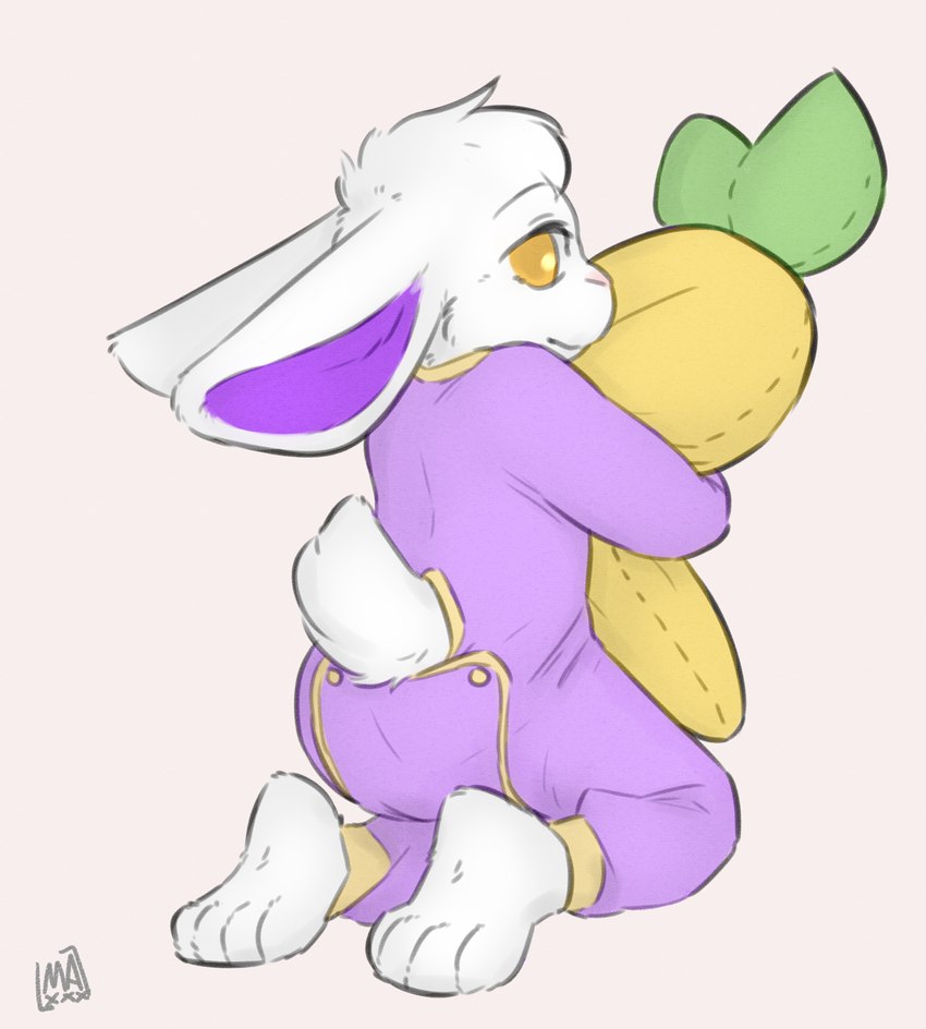 ambiguous_gender anthro butt_flap carrot_plushie clean_diaper clothed clothing diaper diaper_under_clothing diaper_under_onesie food_plushie fur hair holding_object holding_plushie long_ears looking_at_viewer object_plushie onesie paws plushie purple_inner_ear scut_tail short_tail simple_background smile solo tail toddler vegetable_plushie wearing_diaper white_body white_ears white_fur white_hair white_tail yellow_eyes young young_anthro maxwtv ave lagomorph leporid mammal rabbit hi_res