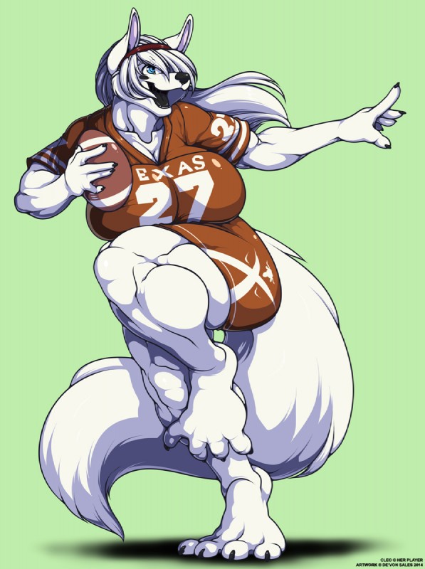 4_toes accessory american_football anthro ball barefoot big_breasts big_muscles black_nose black_tongue blue_eyes bottomwear breasts claws clothed clothing eye_black feet female fur green_background gridiron_ball hair hair_accessory hairband hindpaw holding_ball holding_object huge_breasts long_hair looking_up muscular muscular_anthro muscular_female open_mouth paws shirt shorts simple_background smile solo sport text text_on_clothing thick_thighs toes tongue topwear white_body white_fur white_hair deonwolf college_football ncaa texas_longhorns cleo_(yutrah) canid canine canis mammal wolf 2014 hi_res