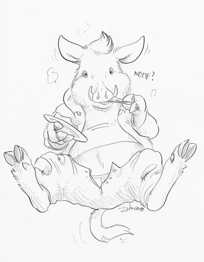 after_transformation belly cake clothed clothing dessert eating fingers food fur holding_fork holding_object holding_plate hooved_fingers hooves male semi-anthro solo species_transformation torn_clothing transformation transformation_through_food tusks cervelet werenimal calvin_(werenimal) mammal suid suine sus_(pig) wild_boar absurd_res hi_res monochrome